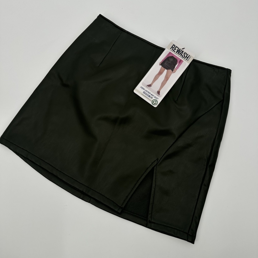 Rewash Vegan Leather Mini Skirt Womens Small Black‎ Faux Leather Slit New
